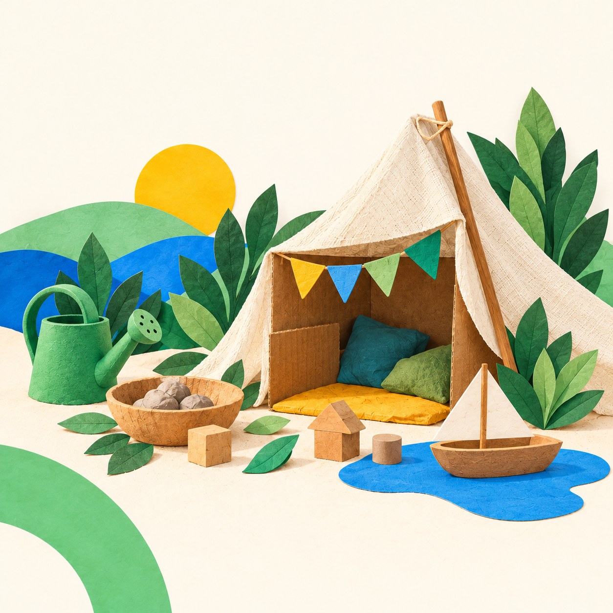 Ilustración de un refugio sencillo de tela, plantas, arcilla y objetos para explorar